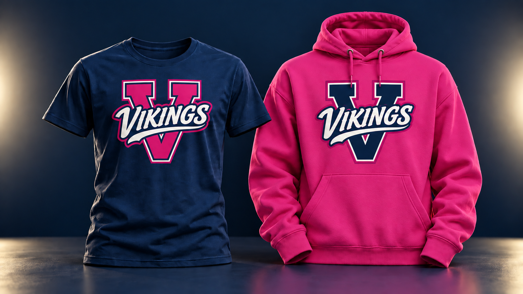 Concept image of a navy team T-shirt and fuchsia hoodie