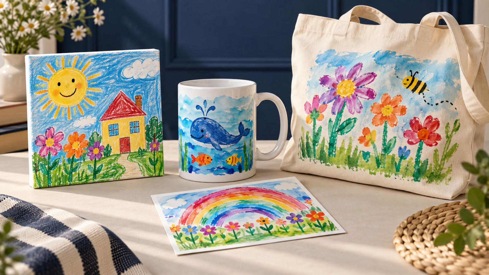 Canvas, mug, tote bag and art postcard displaying children’s drawings